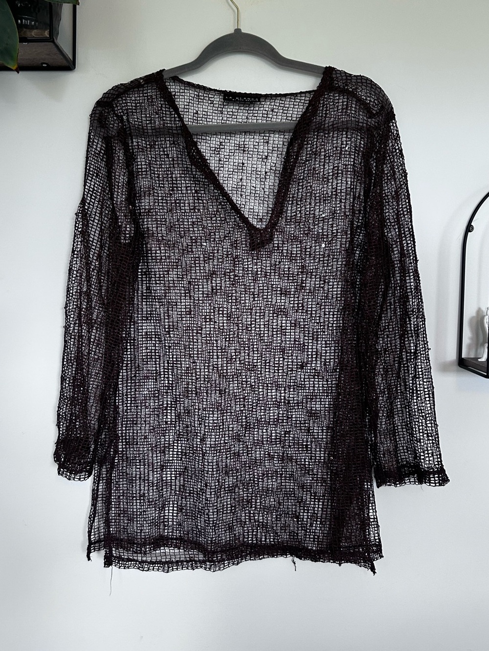La Blanca by Rod Bettie Brown Sequin Netted Long Sleeve Swim Coverup Top - Picture 1 of 5